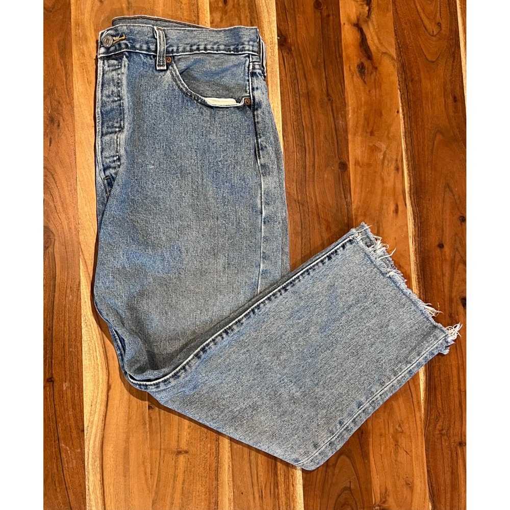 Levi's 501 Original Jeans Mens 36x32 Light Wash Button Fly Raw Hem Straight Leg